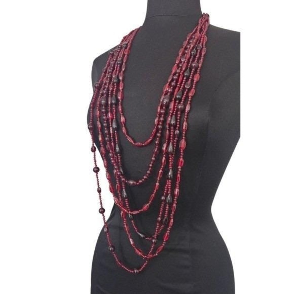 Vintage Multi-strand Necklace Crystal Garnet Glass Beads Layered Draped Beaded